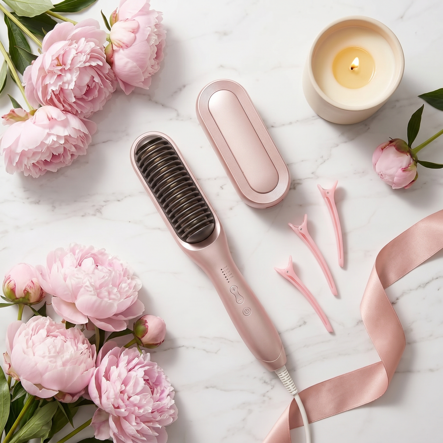 TruGlow ionic brush flat lay styled with pink peonies and a candle