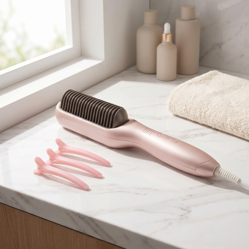 TruGlow ionic brush on a white marble bathroom vanity in soft morning light