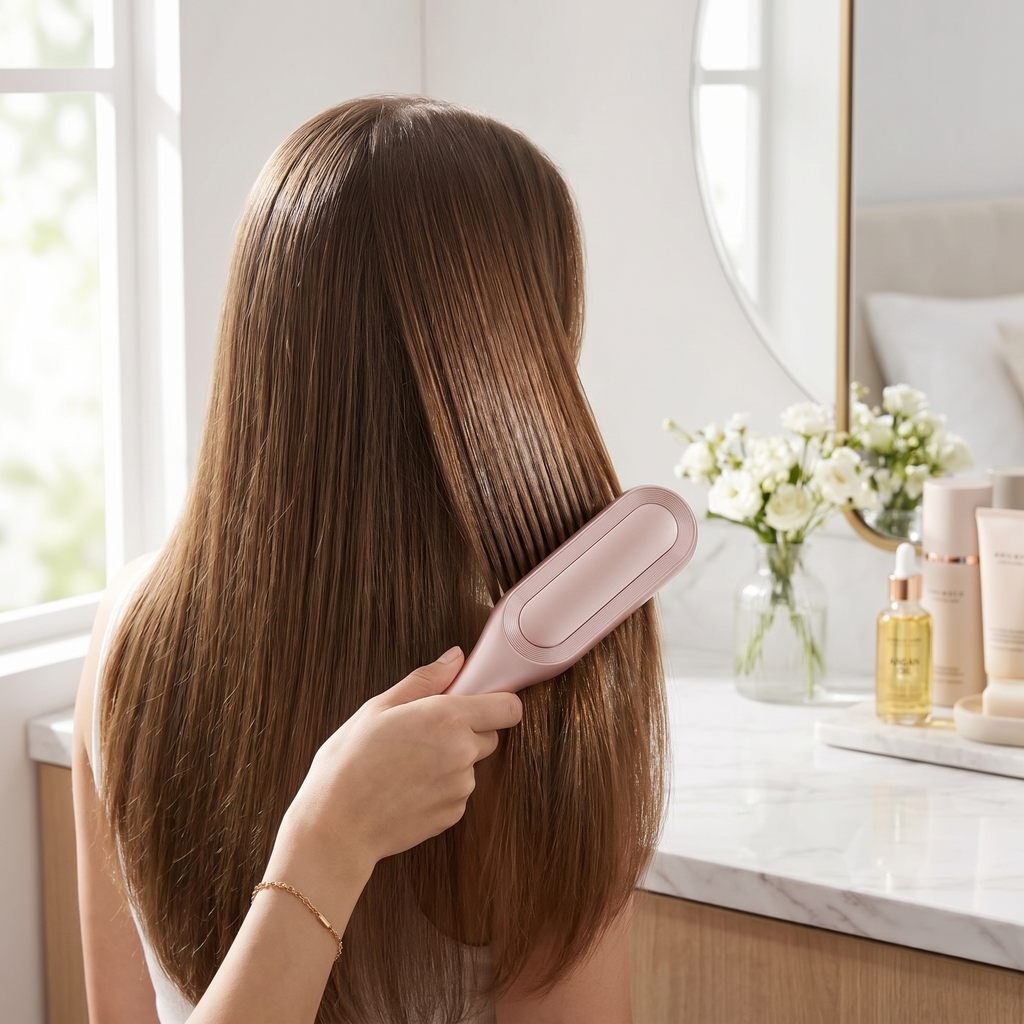 Smoothing long glossy hair with the TruGlow ionic frizz-smoothing brush at a bright vanity