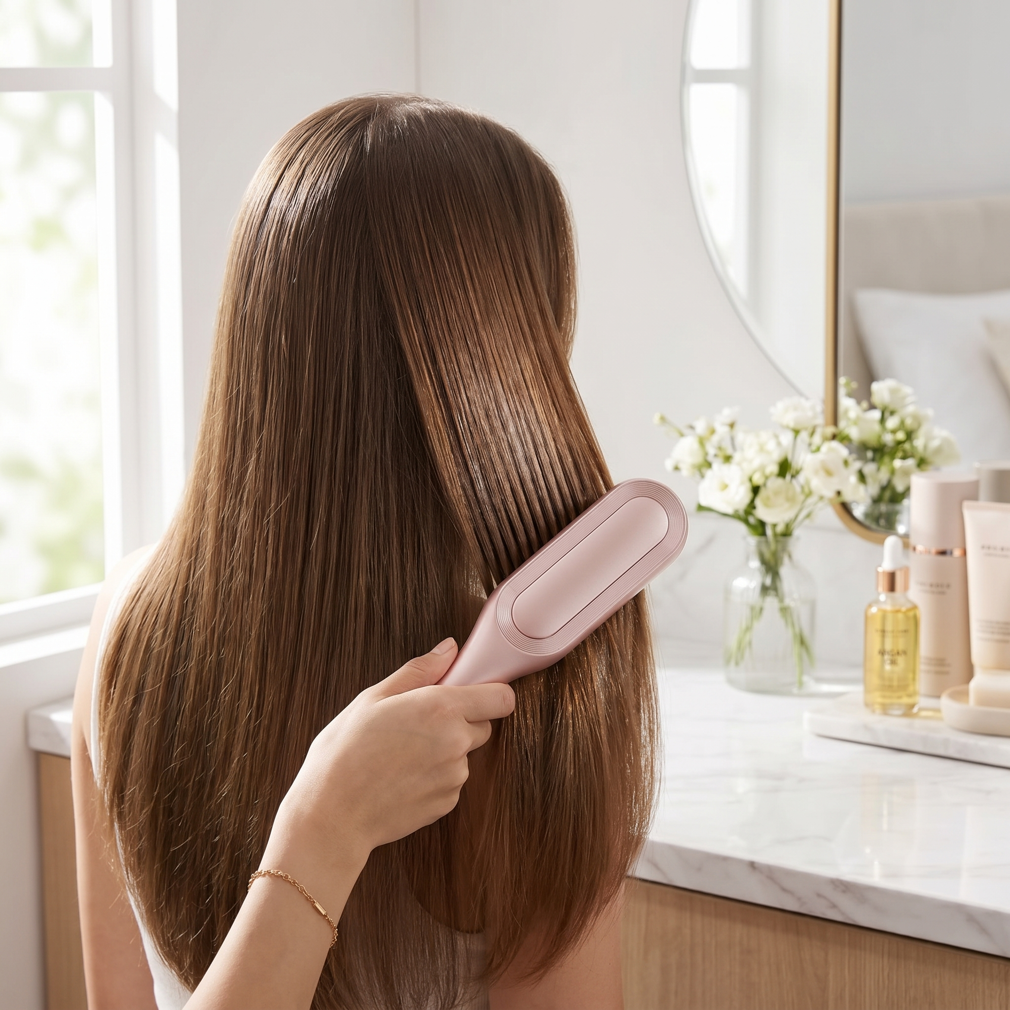 Smoothing long glossy hair with the TruGlow ionic frizz-smoothing brush at a bright vanity